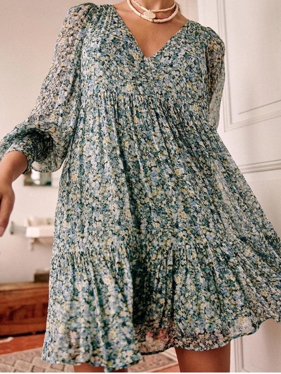 Sezane Dresses & Skirts - Sezane Aurena Boho Mini Dress Garden Blue Floral Print Size 38 (US size 6/8)